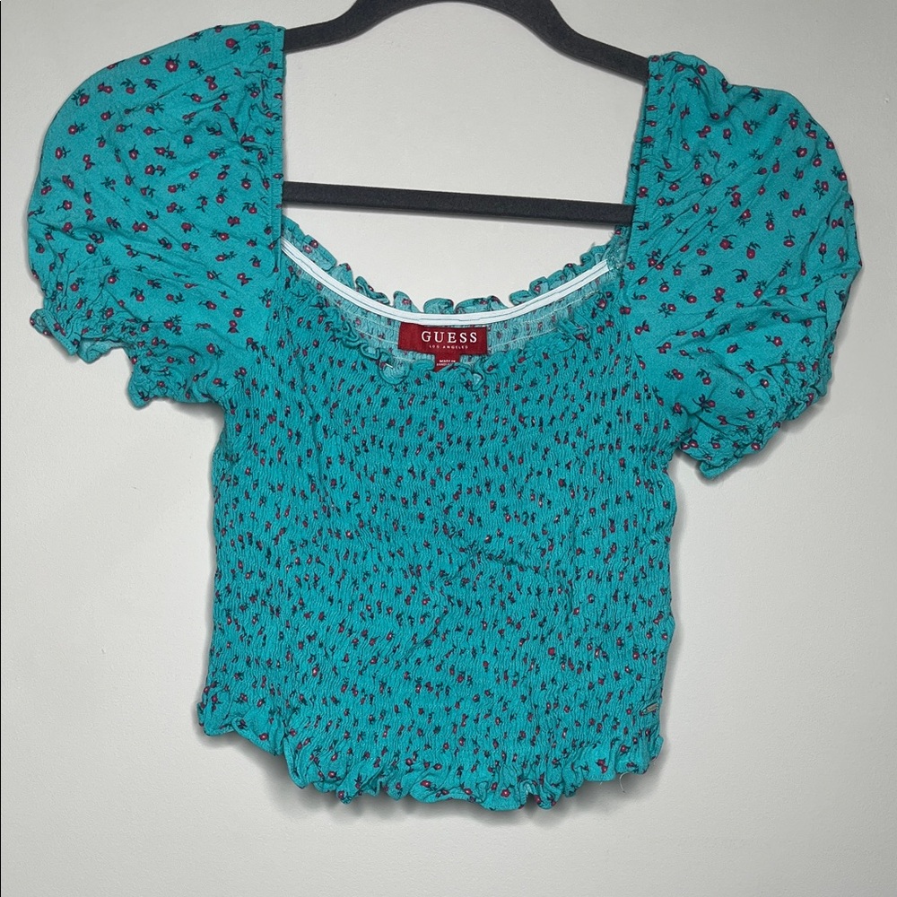 Guess Turquoise Floral Puff Sleeve Blouse